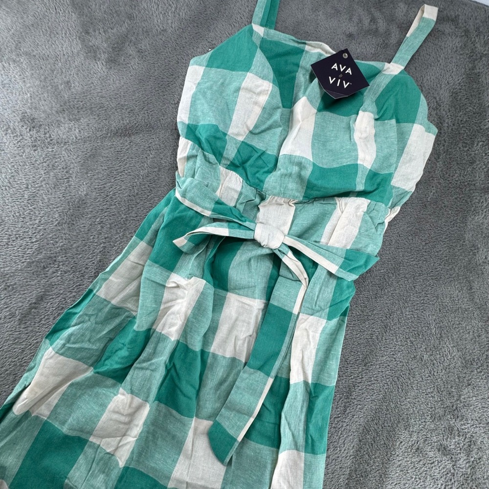 Ava & Viv Green Gingham Linen Blend Midi Dress 2X NWT Smocked Back Side Button